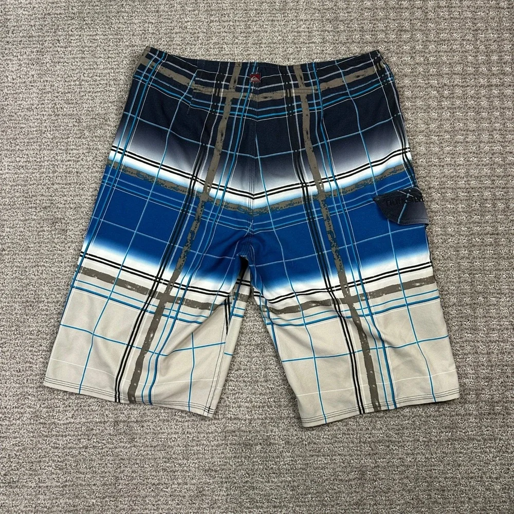 Quiksilver Cypher Series Board Shorts Mens 31 Blue Plaid 4-Way Stretch Q101349
